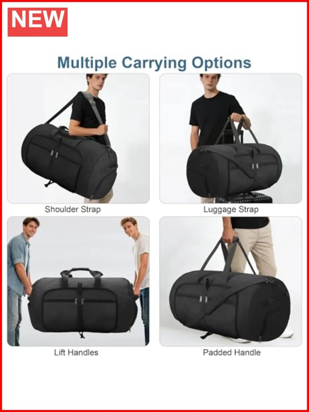 80L Extra Large Foldable Travel Duffle Bag with Shoe Compartment, Waterproof &